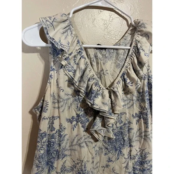 Lauren Ralph Lauren Floral Toile Ruffle V-Neck Sleeveless Cotton Top Blue XL - Picture 5 of 7